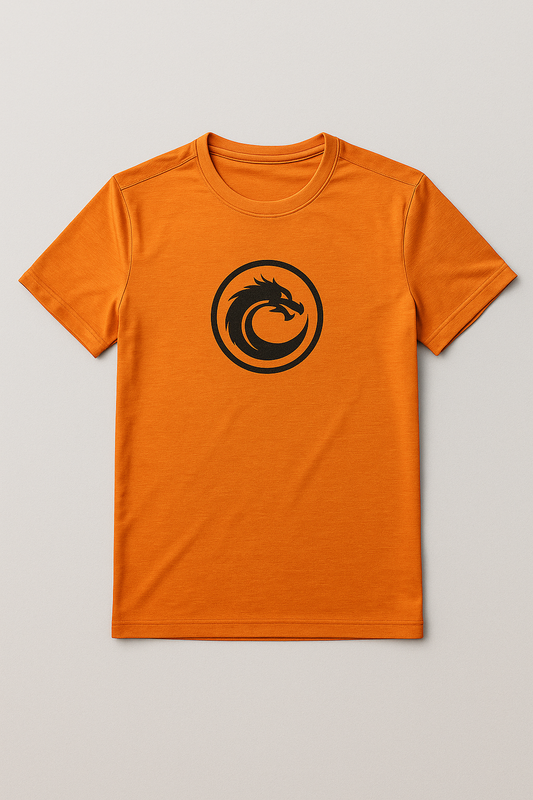 Camiseta naranja Dragon Ball con logo circular y simbolo de dragon Sweetfitandcoffee