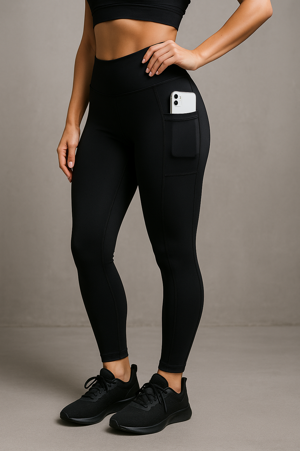 Licras negras con bolsillo integrado para móvil y logo Sweetfitandcoffee