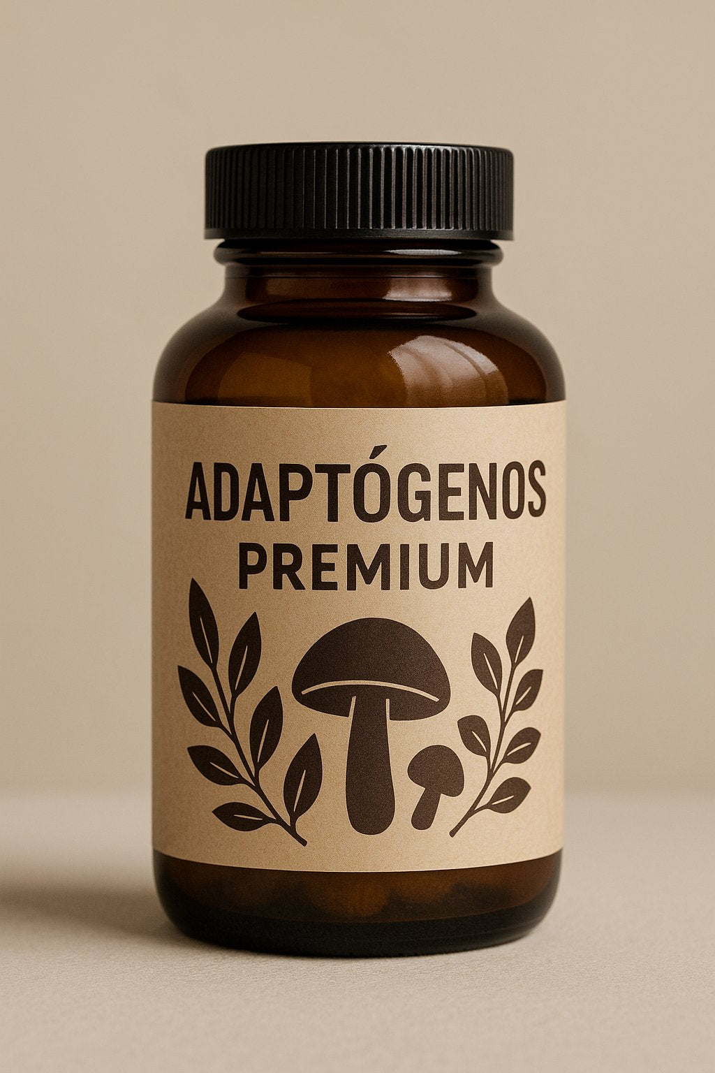Suplemento adaptógenos premium en frasco ámbar con etiqueta beige, 60 cápsulas con Ashwagandha y Lion’s Mane