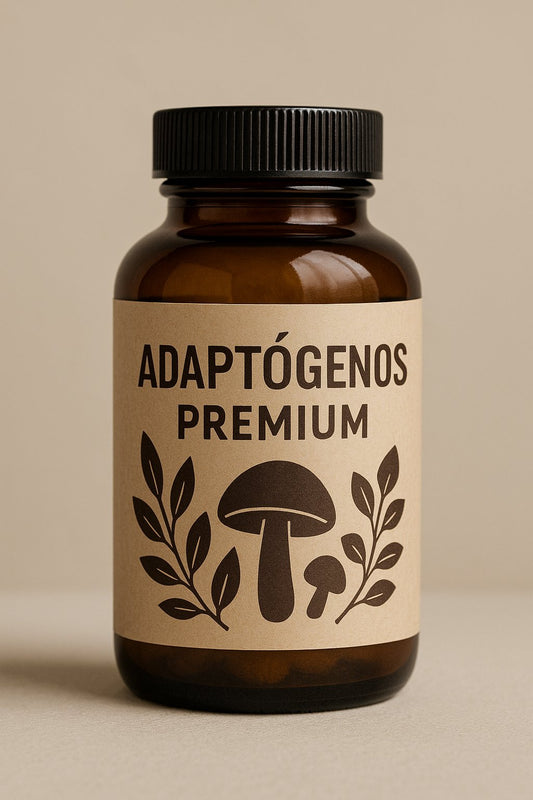 Suplemento adaptógenos premium en frasco ámbar con etiqueta beige, 60 cápsulas con Ashwagandha y Lion’s Mane