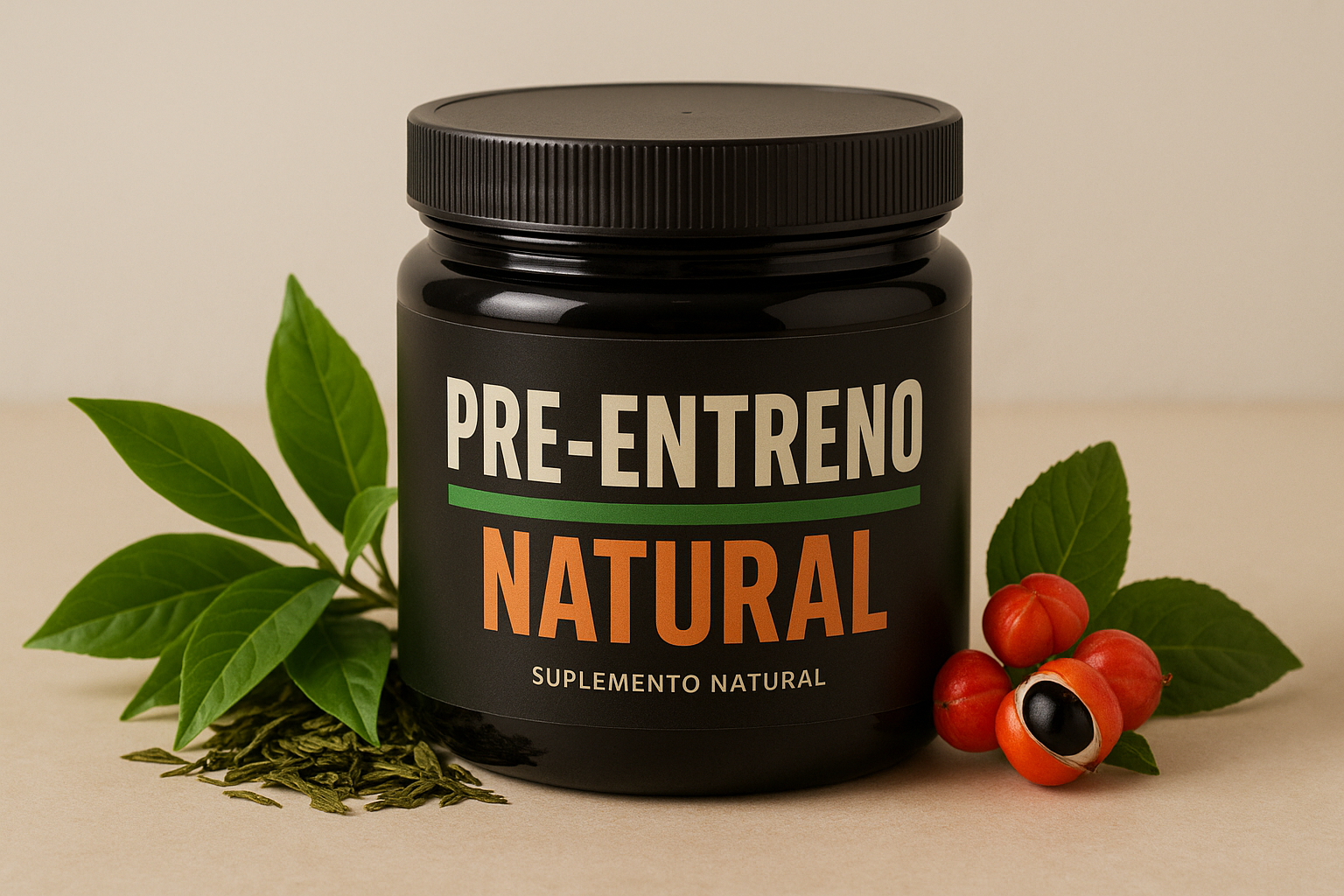 Envase oscuro de pre-entreno natural con etiqueta verde y naranja que dice 'Pre-Entreno Natural', rodeado de ingredientes naturales como té verde y guaraná, sobre fondo simple y limpio.