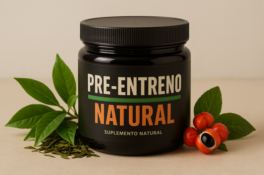Envase oscuro de pre-entreno natural con etiqueta verde y naranja que dice 'Pre-Entreno Natural', rodeado de ingredientes naturales como té verde y guaraná, sobre fondo simple y limpio.
