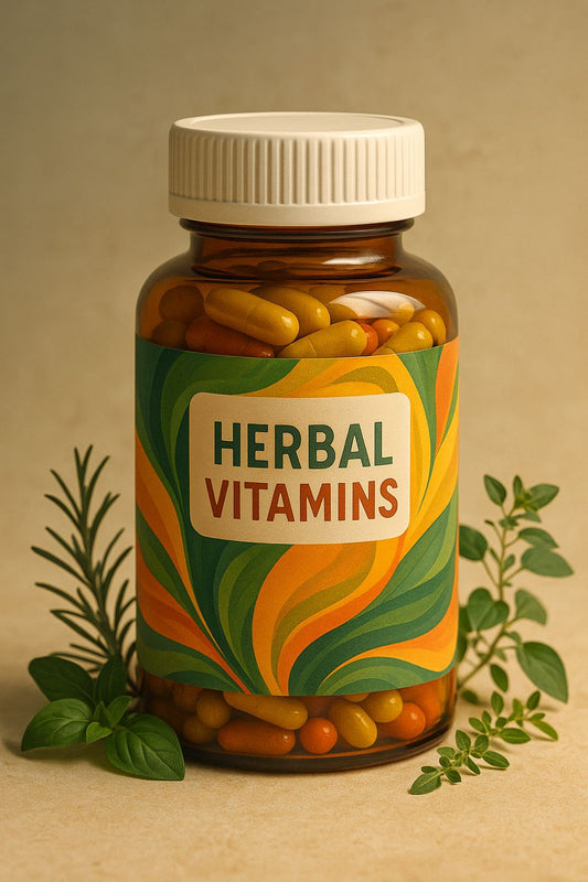 Suplemento multivitamínico herbal con cápsulas verdes y naranjas en frasco