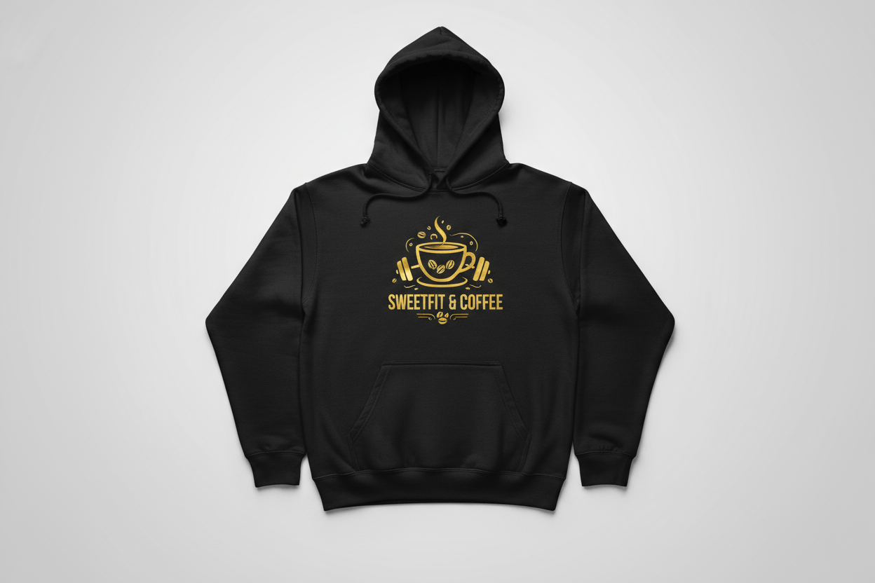 Sudadera negra con capucha y logo dorado Sweetfitandcoffee en la espalda